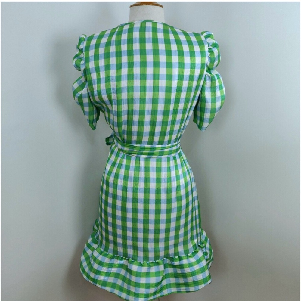 TANYA TAYLOR Natasha Gingham Faux Wrap Green Blue Puff Sleeve Ruffle Dress - Picture 8 of 12